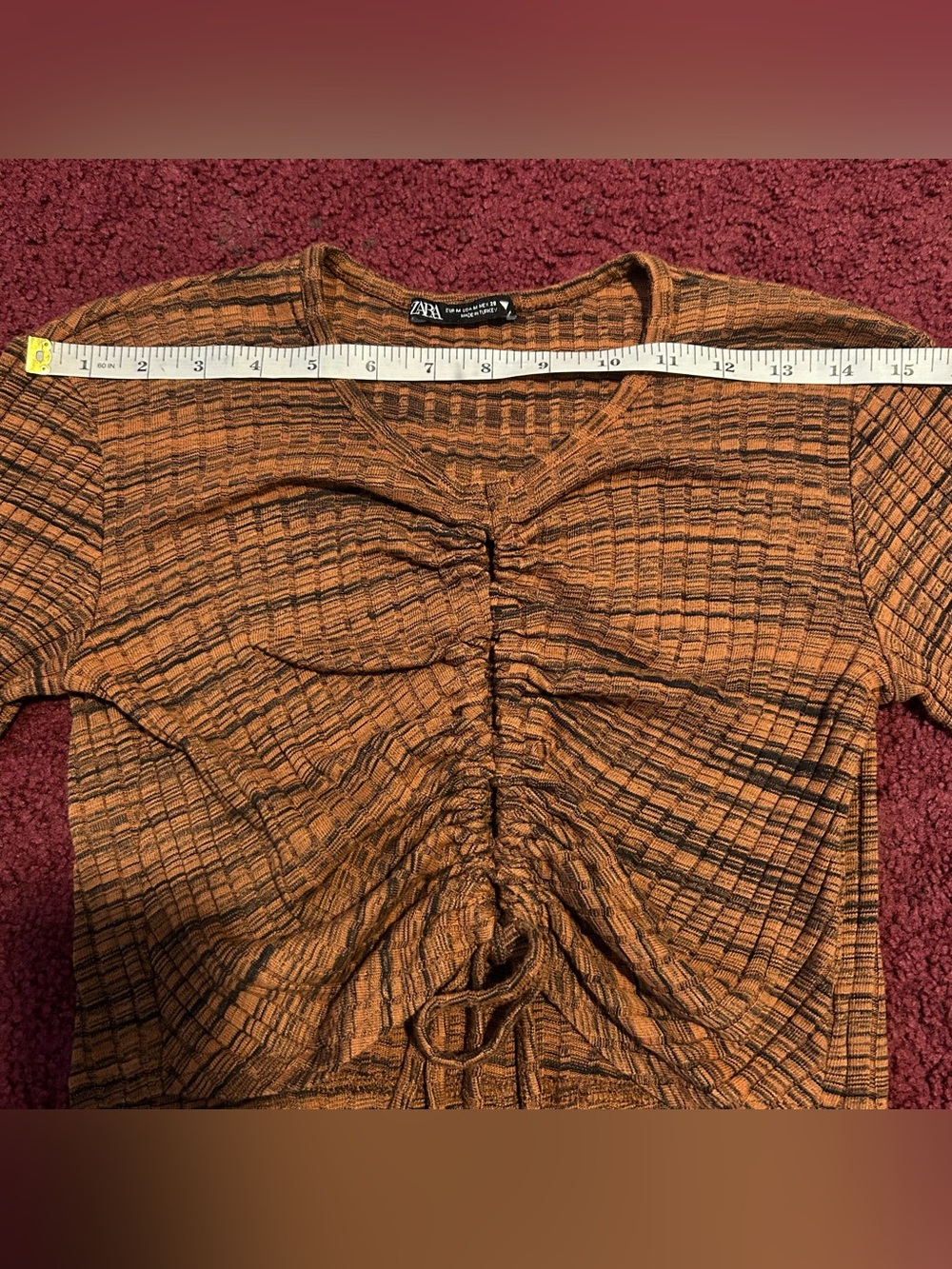 Zara Rust-Brown Ruched Long Sleeve Crop Top Size M - Picture 4 of 7